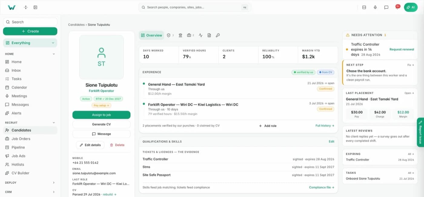 Workhr candidate record: verified hours, tickets and licences with expiry dates, and a next-step prompt