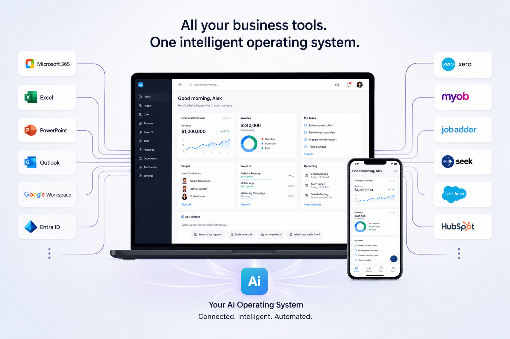 AiTearoa connects every business tool — Microsoft 365, Xero, MYOB, JobAdder, Seek, Salesforce, HubSpot, Google Workspace — into one intelligent operating system.